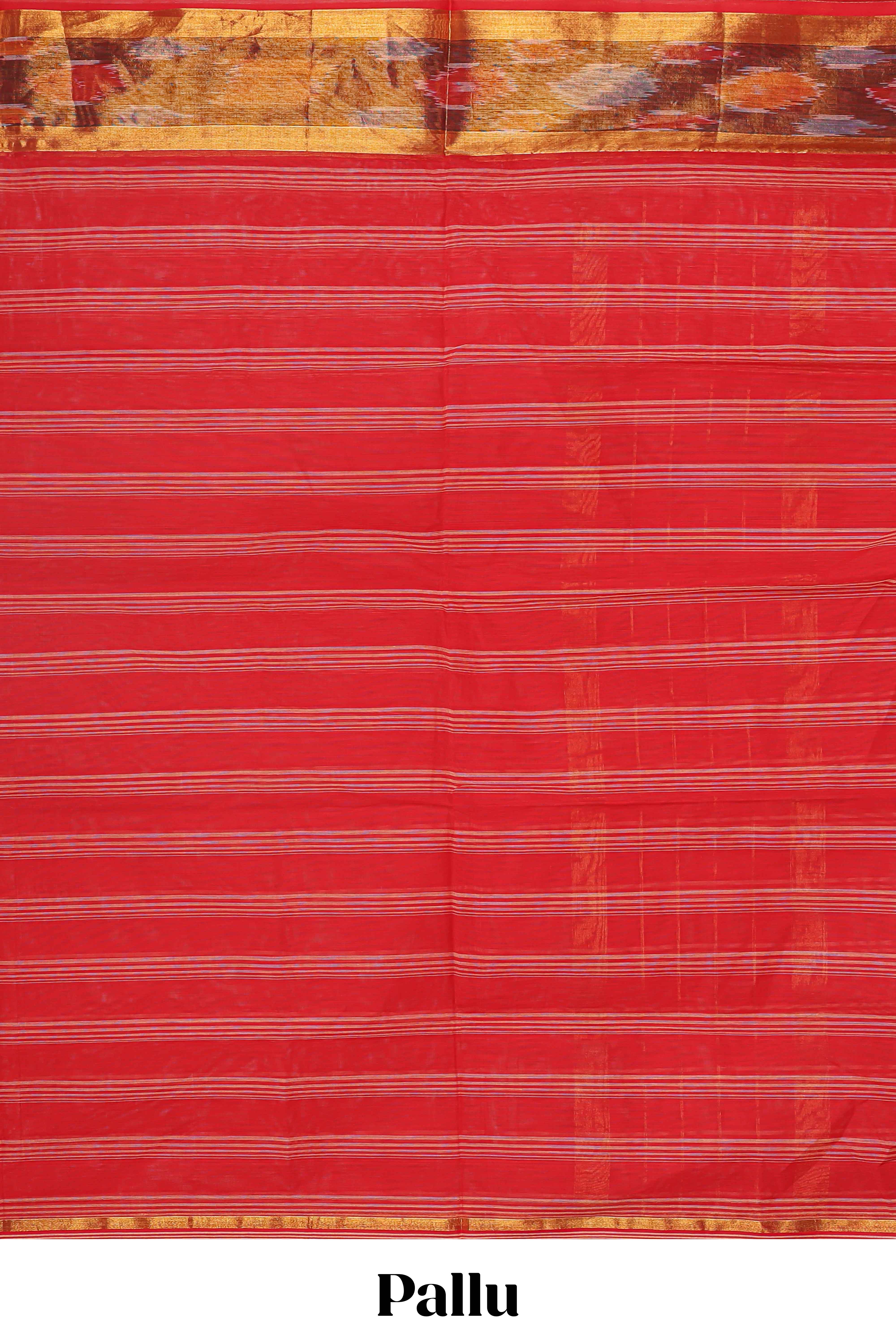 Red striped venkatagiri cotton saree with self ikkat style zari border and matching striped pallu