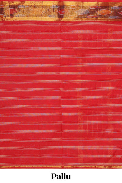 Red striped venkatagiri cotton saree with self ikkat style zari border and matching striped pallu
