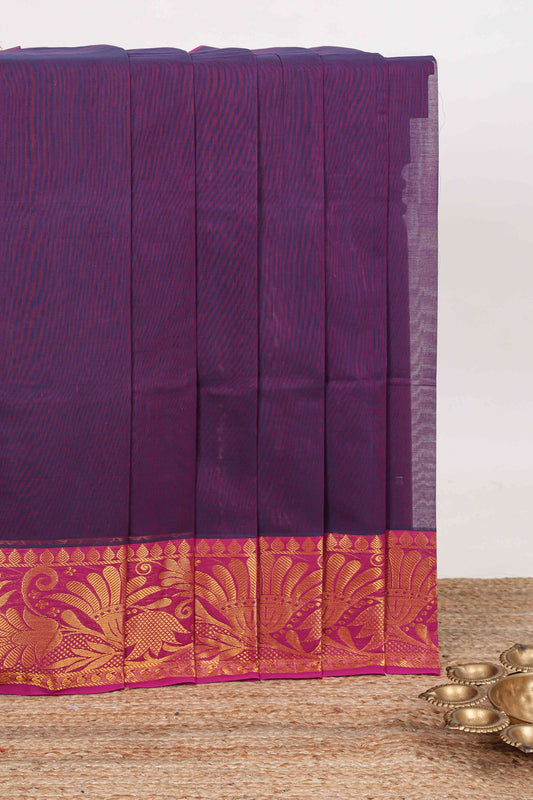 Dark purple plain venkatagiri cotton saree with contrast zari border and striped pallu