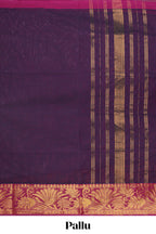 Dark purple plain venkatagiri cotton saree with contrast zari border and striped pallu