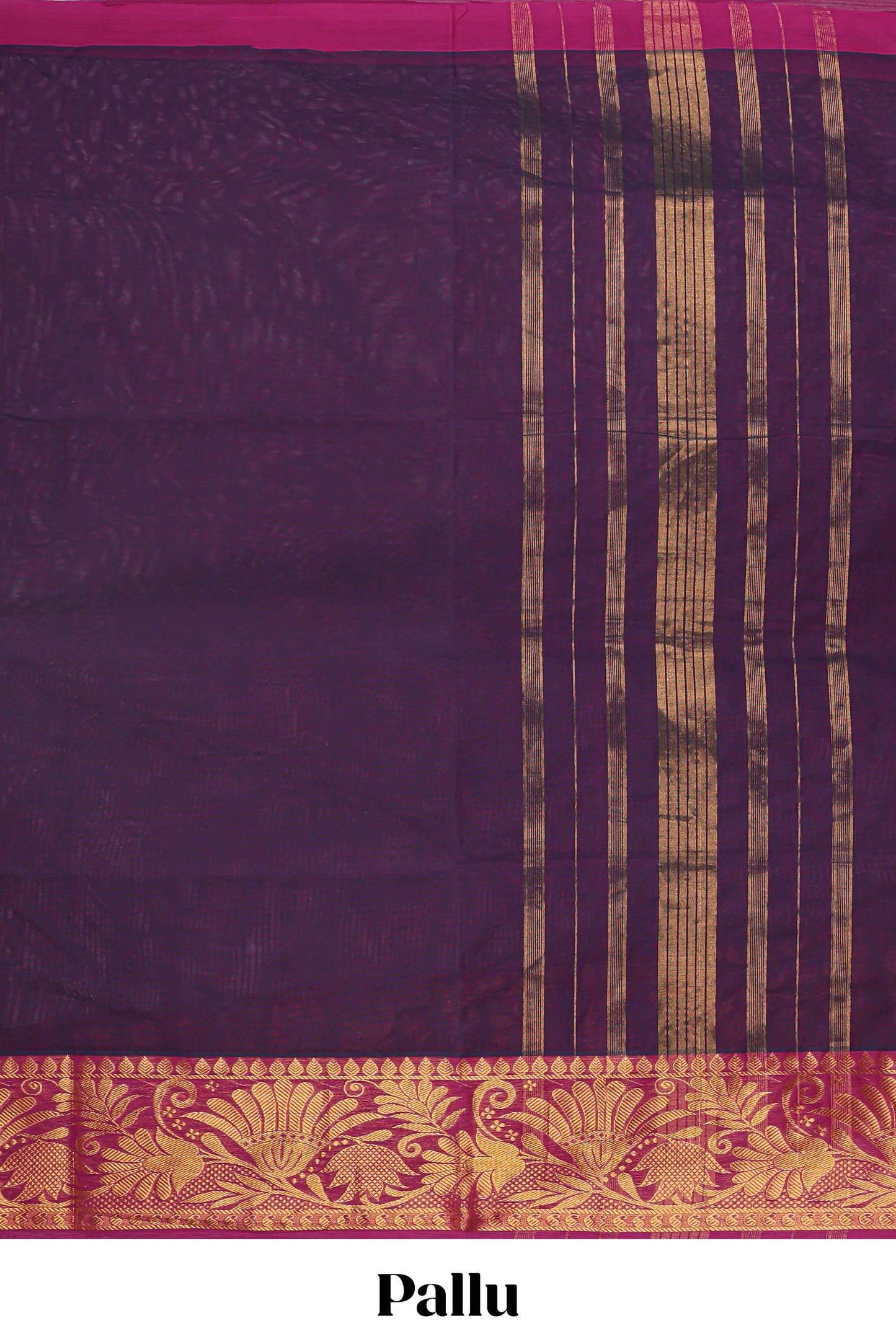 Dark purple plain venkatagiri cotton saree with contrast zari border and striped pallu
