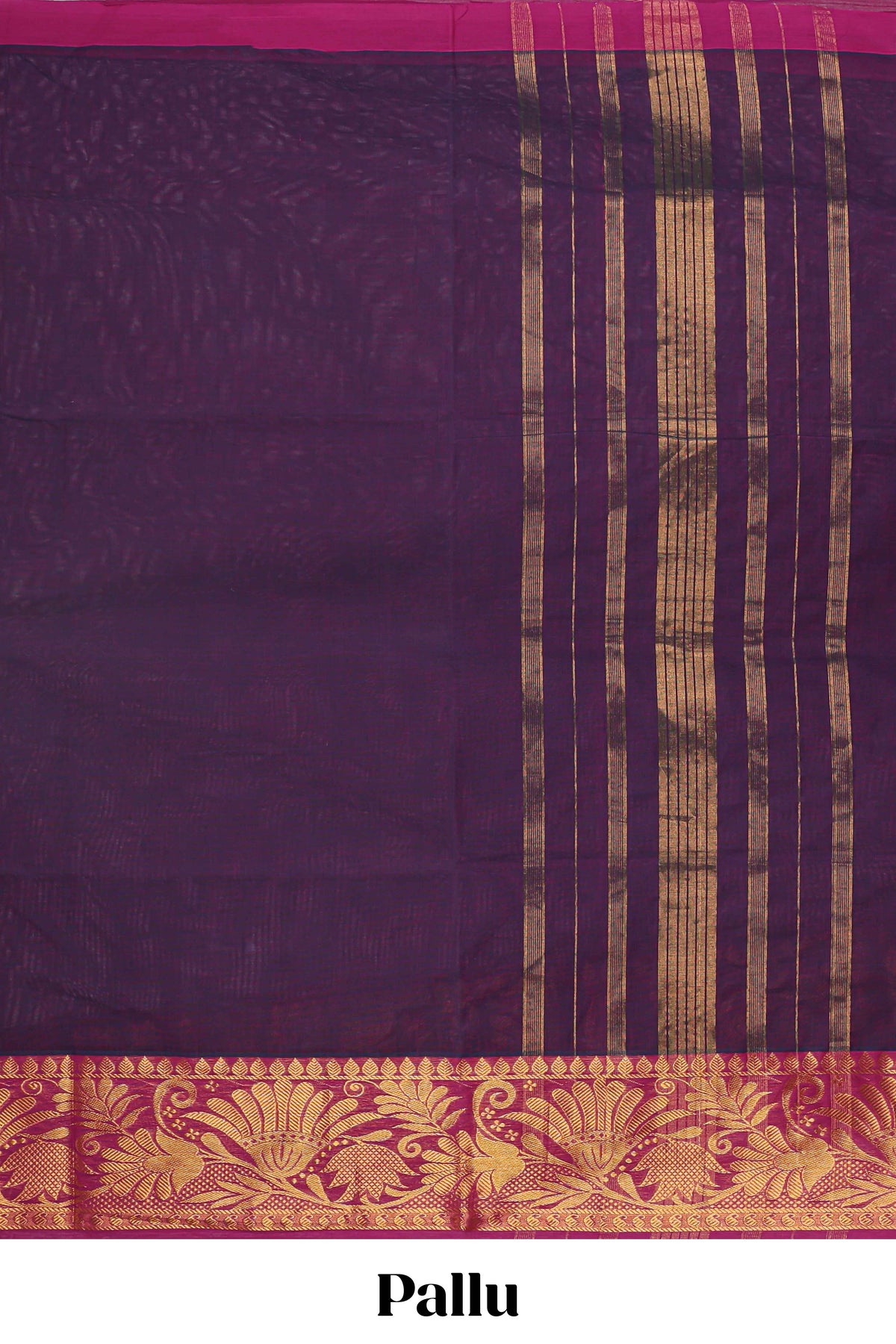 Dark purple plain venkatagiri cotton saree with contrast zari border and striped pallu