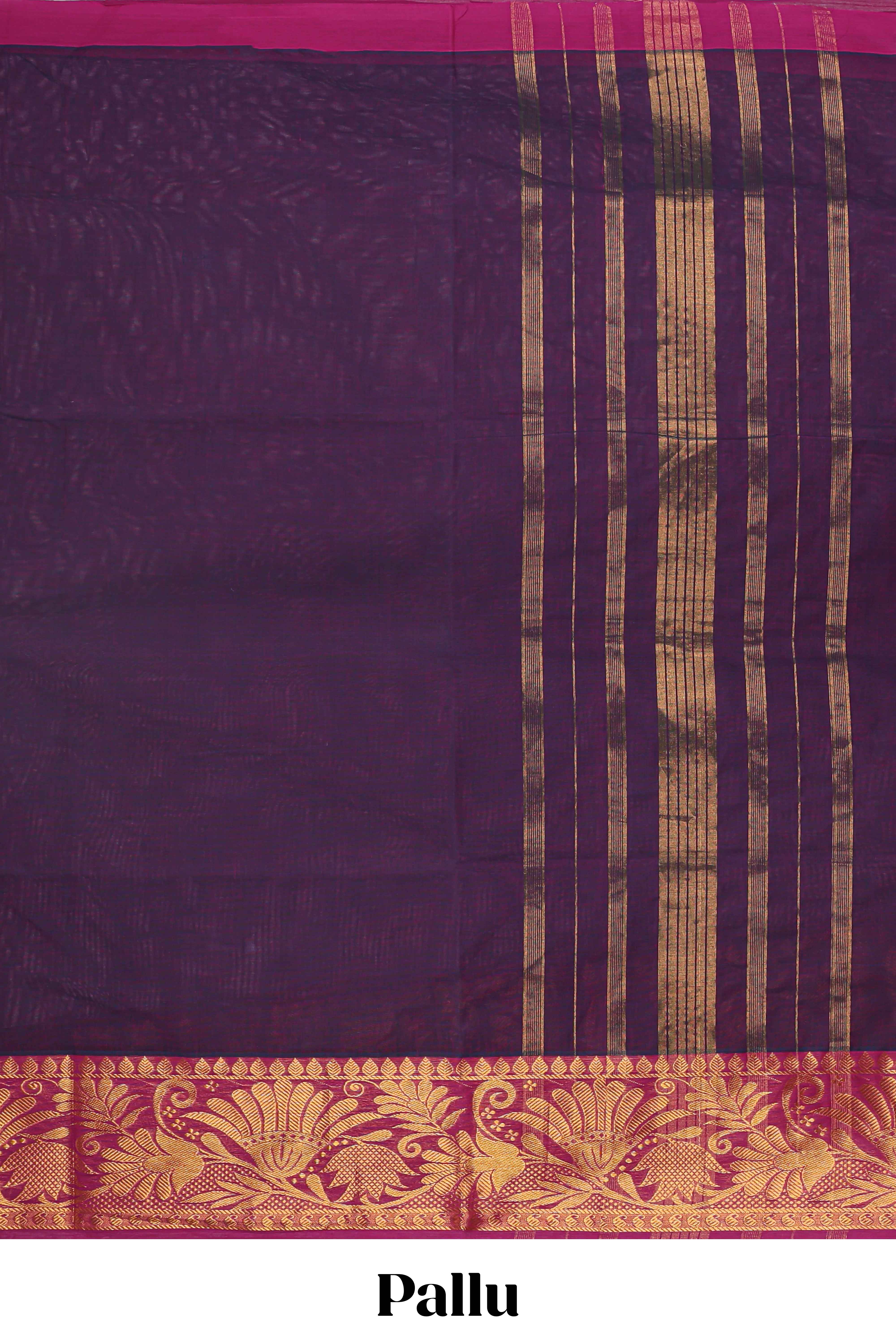 Dark purple plain venkatagiri cotton saree with contrast zari border and striped pallu