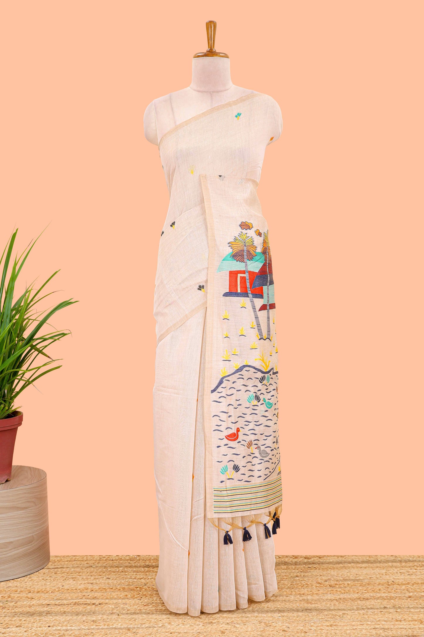 Borderless cream munga cotton saree with floral butta and village themed printed pallu