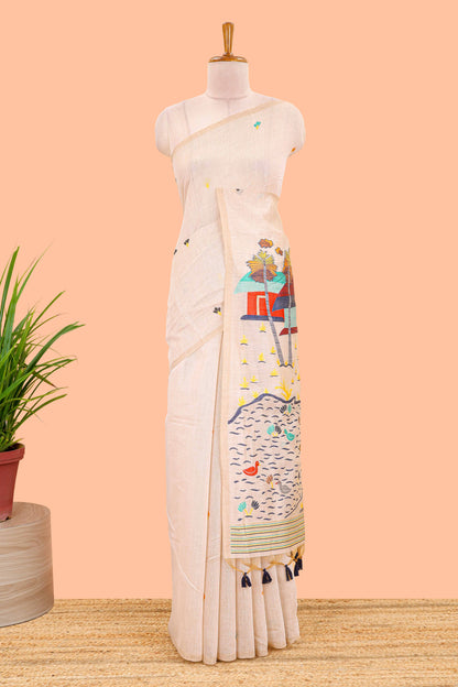 Borderless cream munga cotton saree with floral butta and village themed printed pallu