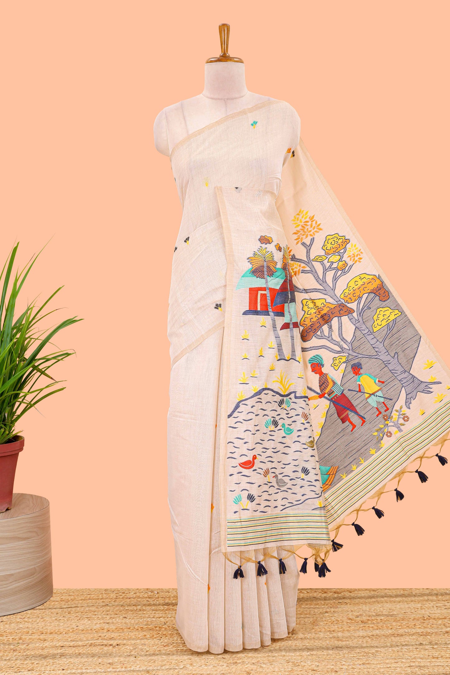 Borderless cream munga cotton saree with floral butta and village themed printed pallu
