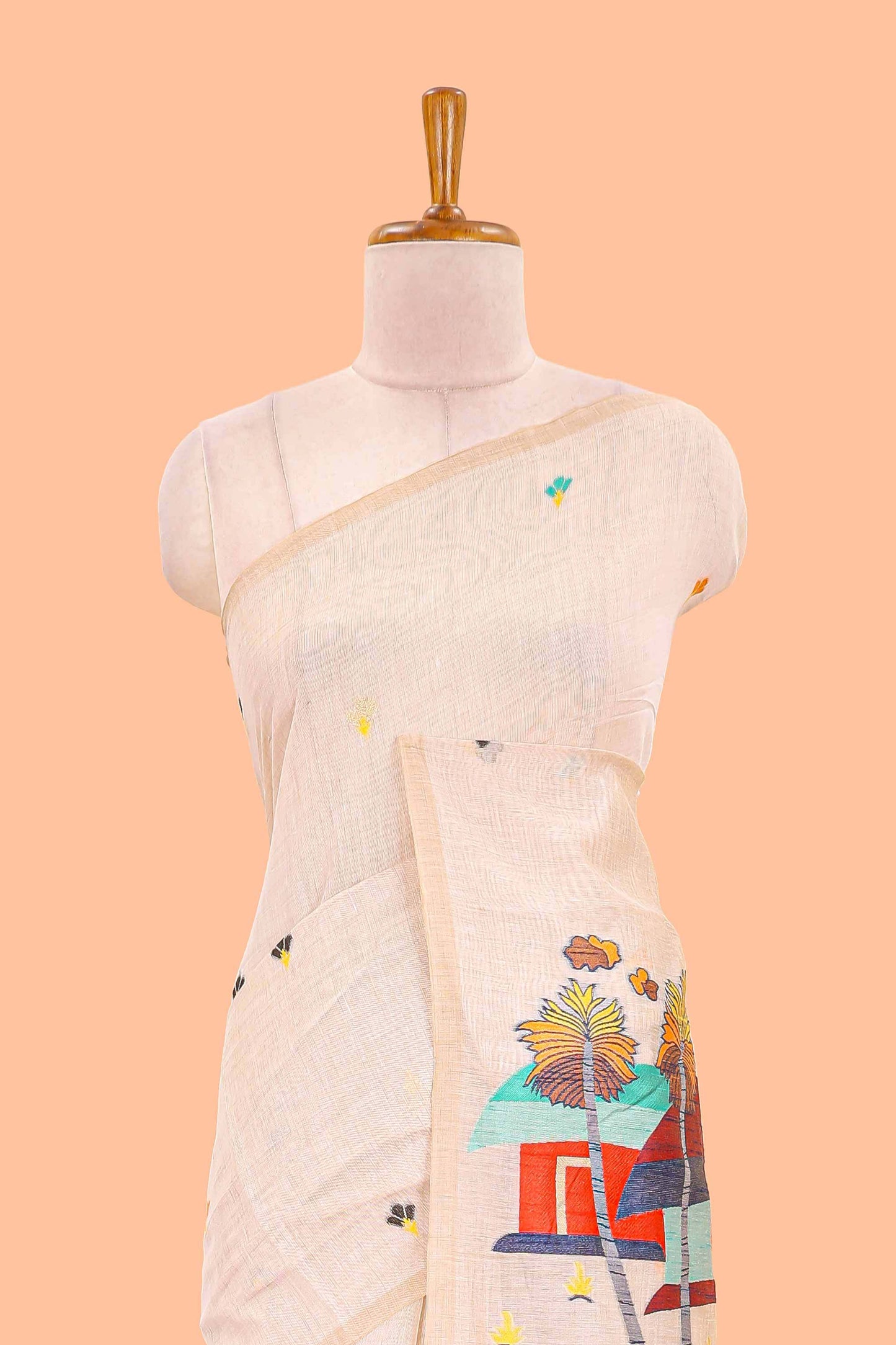 Borderless cream munga cotton saree with floral butta and village themed printed pallu