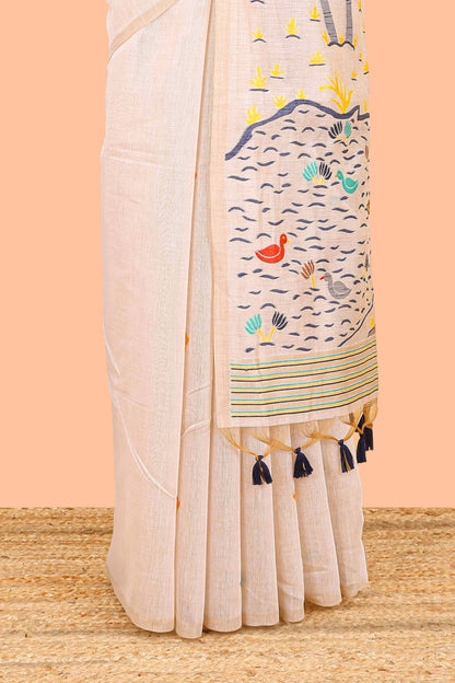Borderless cream munga cotton saree with floral butta and village themed printed pallu