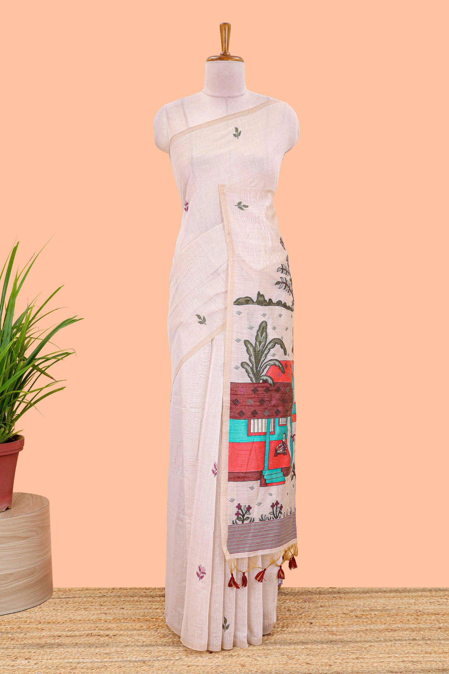 Borderless cream munga cotton saree with floral butta and village themed printed pallu