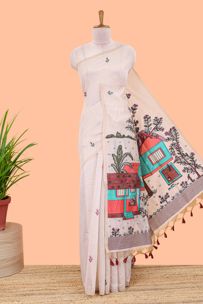 Borderless cream munga cotton saree with floral butta and village themed printed pallu