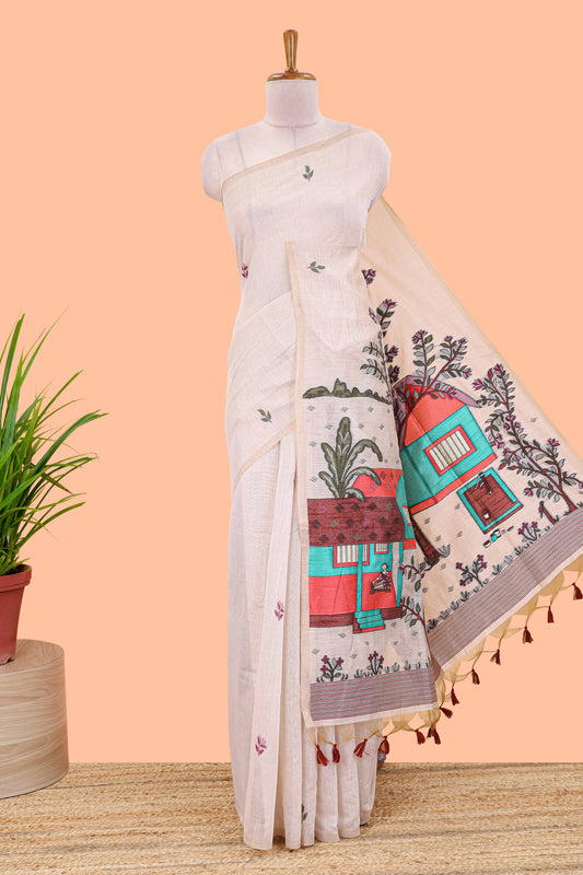 Borderless cream munga cotton saree with floral butta and village themed printed pallu
