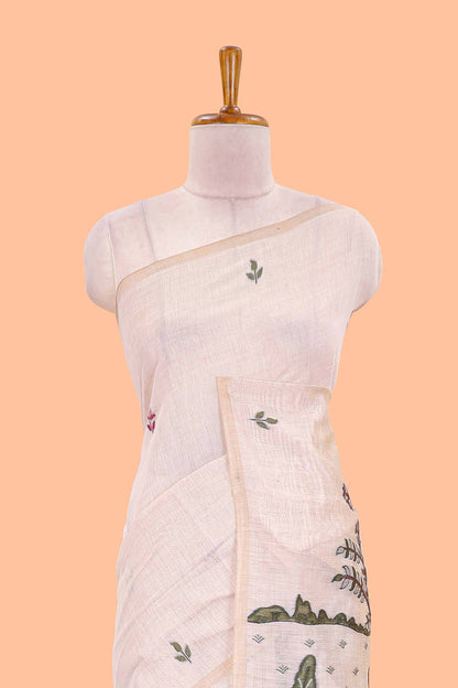 Borderless cream munga cotton saree with floral butta and village themed printed pallu