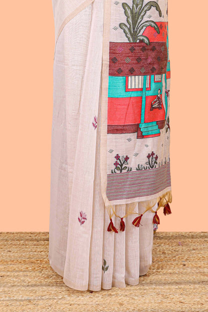 Borderless cream munga cotton saree with floral butta and village themed printed pallu