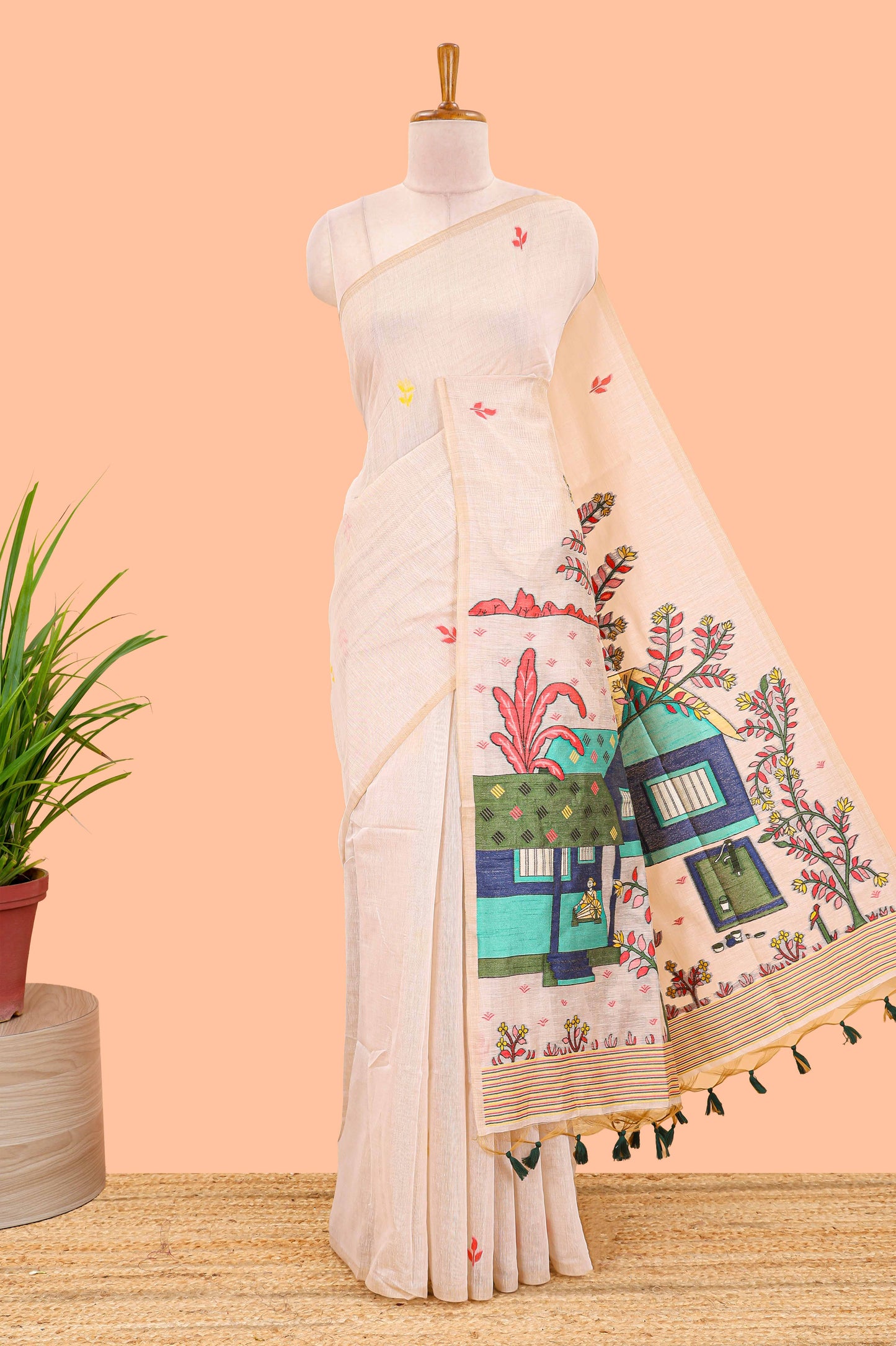 Borderless cream munga cotton saree with floral butta and village themed printed pallu