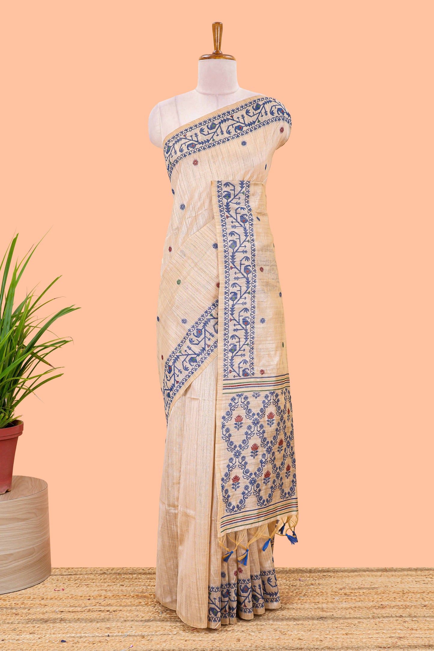 Cream munga cotton thread butta saree with blue jamdhani style border and floral thread weaving blouse
