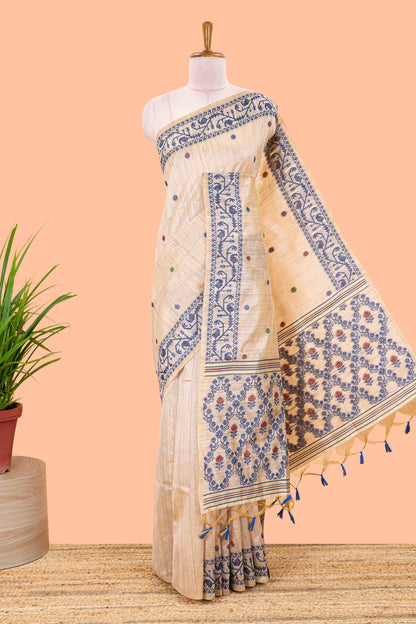 Cream munga cotton thread butta saree with blue jamdhani style border and floral thread weaving blouse