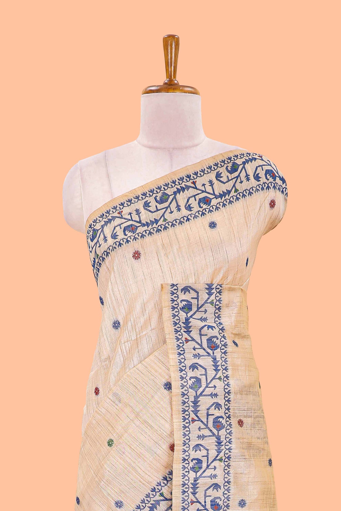 Cream munga cotton thread butta saree with blue jamdhani style border and floral thread weaving blouse