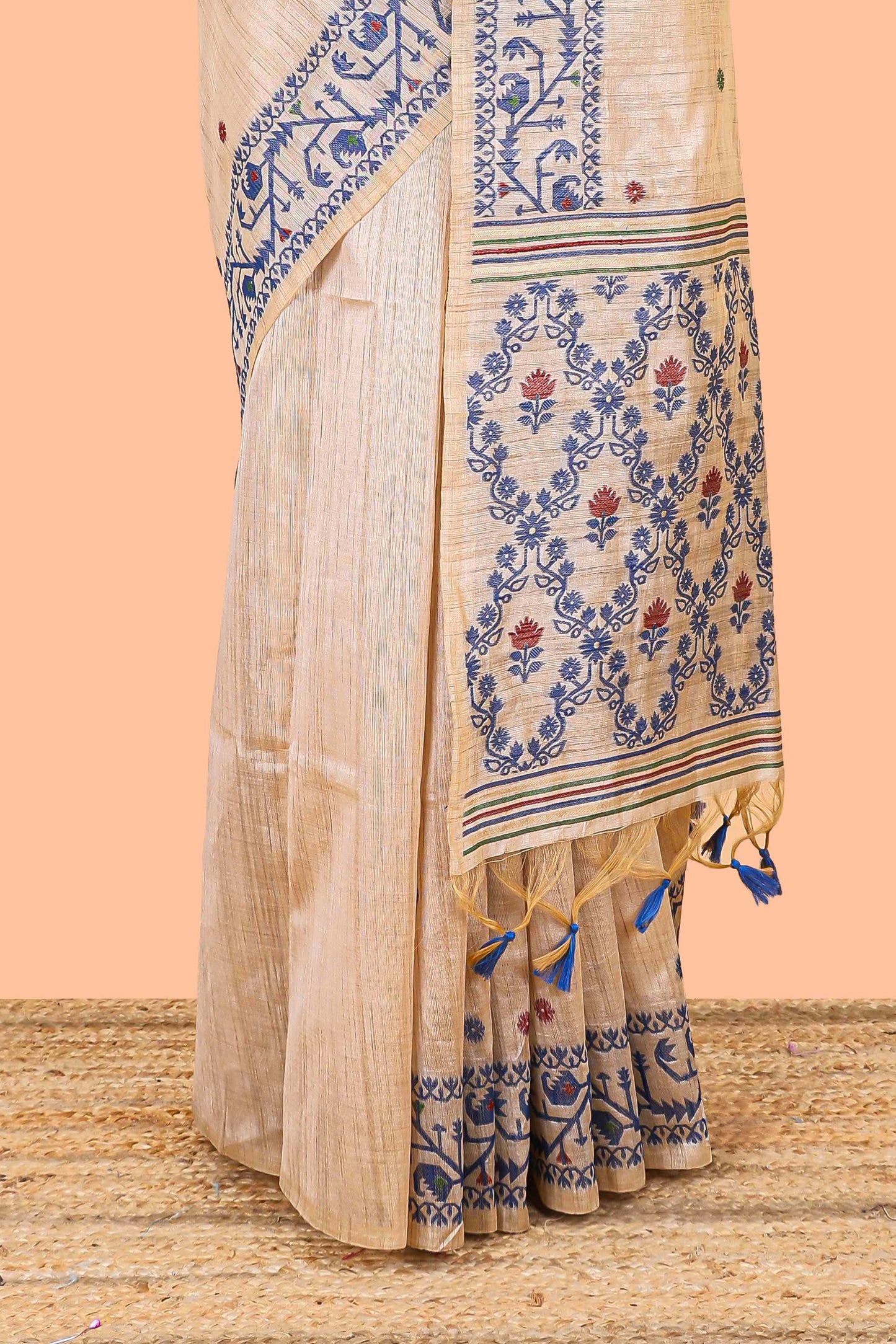 Cream munga cotton thread butta saree with blue jamdhani style border and floral thread weaving blouse