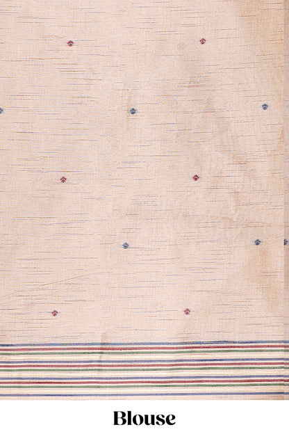 Cream munga cotton thread butta saree with blue jamdhani style border and floral thread weaving blouse