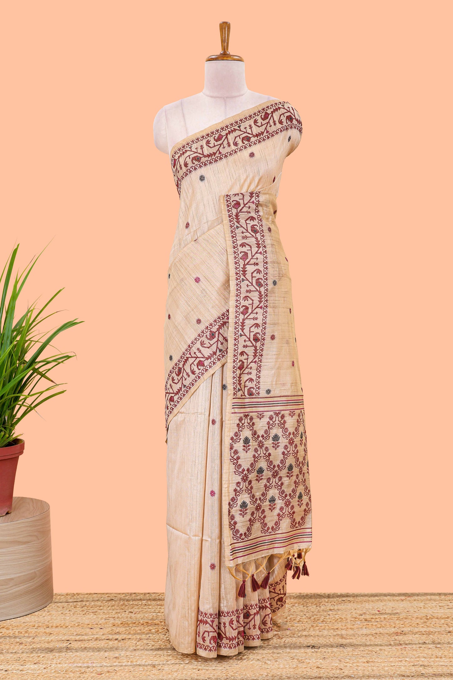 Cream munga cotton thread butta saree with maroon jamdhani style border and floral thread weaving blouse