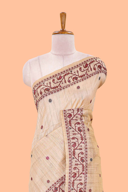 Cream munga cotton thread butta saree with maroon jamdhani style border and floral thread weaving blouse
