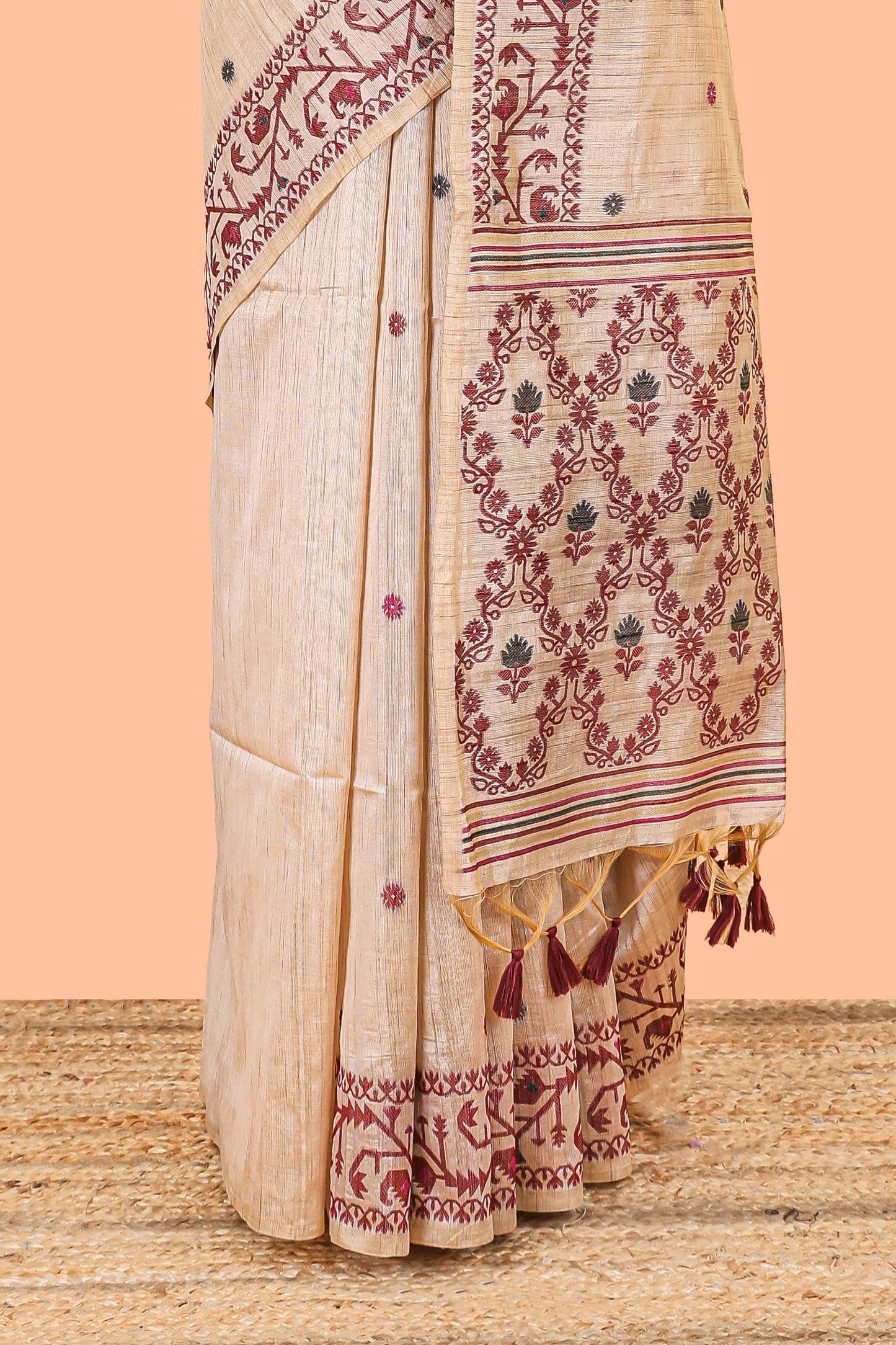 Cream munga cotton thread butta saree with maroon jamdhani style border and floral thread weaving blouse