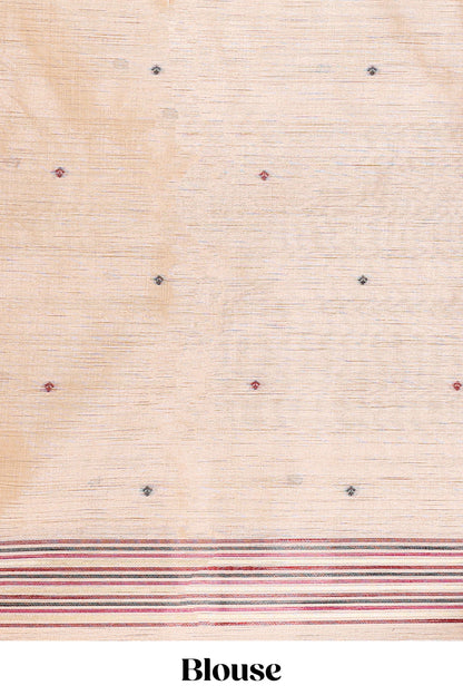 Cream munga cotton thread butta saree with maroon jamdhani style border and floral thread weaving blouse