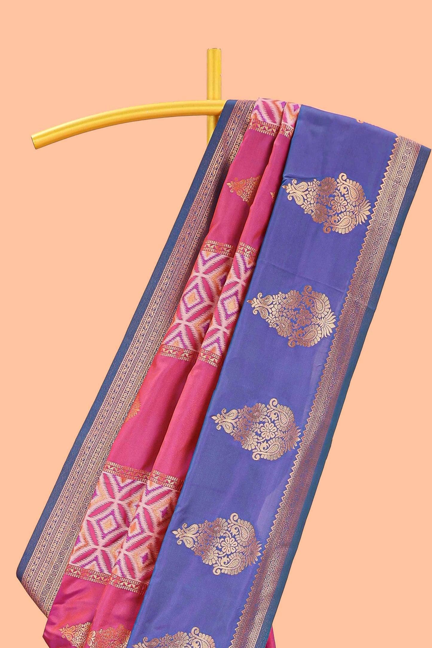 Magenta semi soft silk with striped pochampally ikkat design and contrast zari border