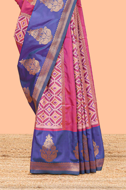 Magenta semi soft silk with striped pochampally ikkat design and contrast zari border