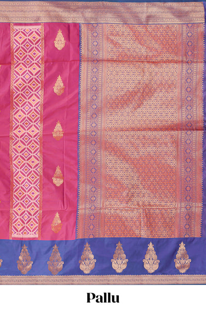 Magenta semi soft silk with striped pochampally ikkat design and contrast zari border
