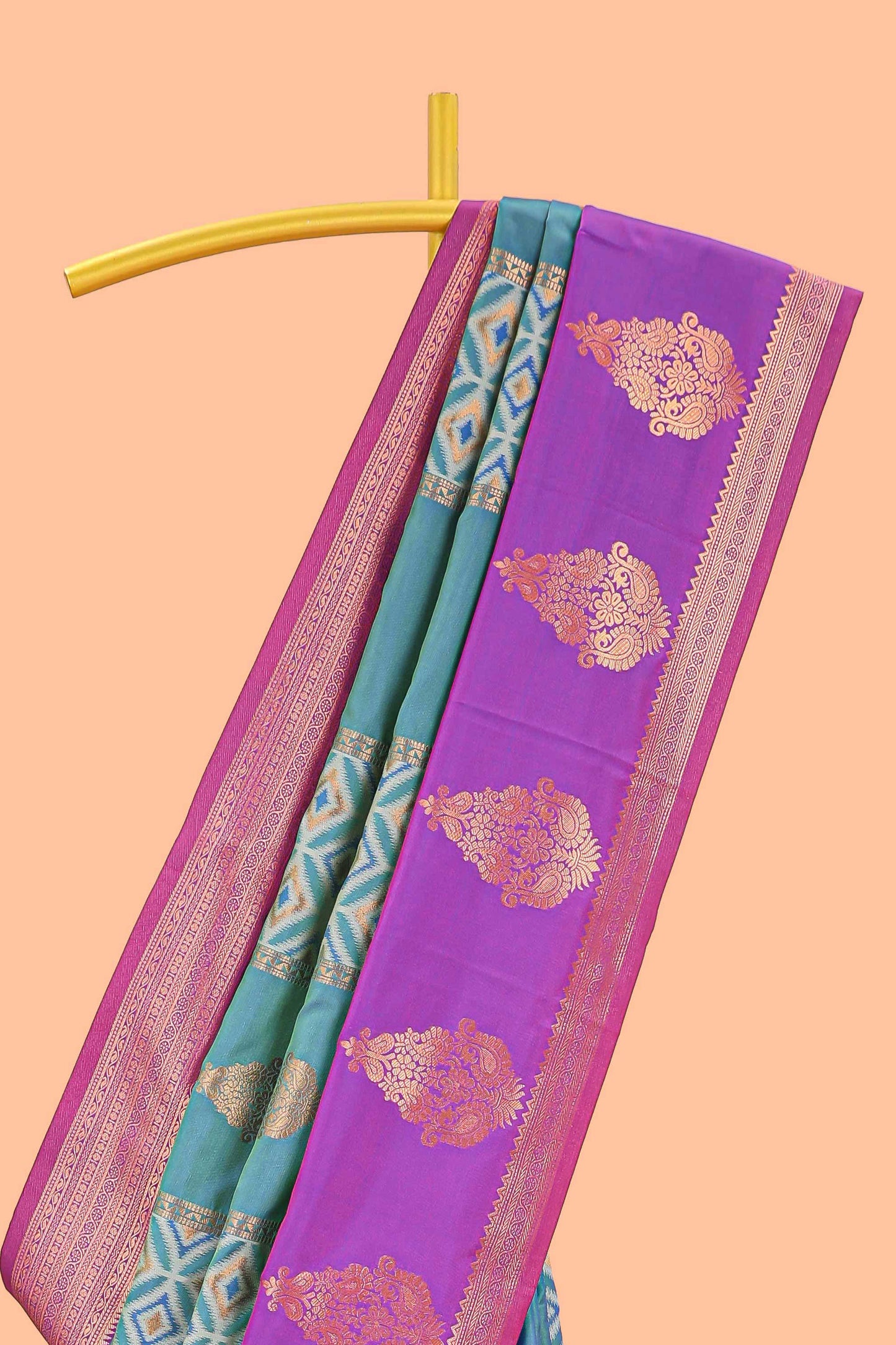 Green semi soft silk with striped pochampally ikkat design and contrast zari border