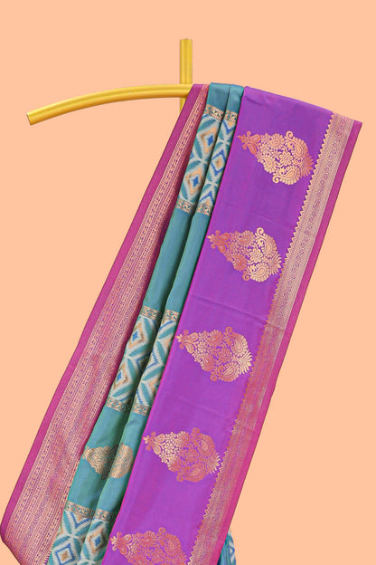 Green semi soft silk with striped pochampally ikkat design and contrast zari border