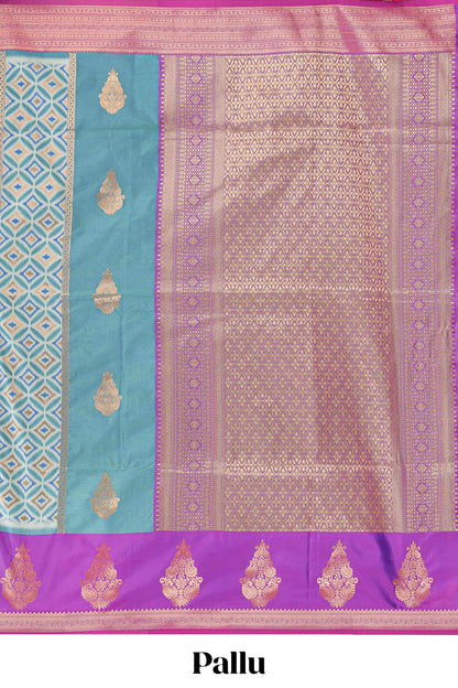 Green semi soft silk with striped pochampally ikkat design and contrast zari border