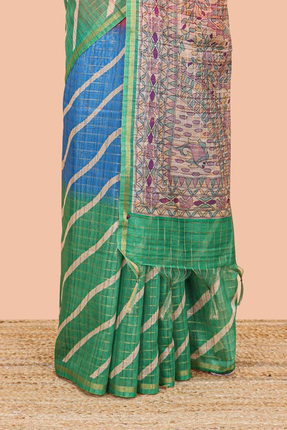 Teal chanderi cotton saree with border