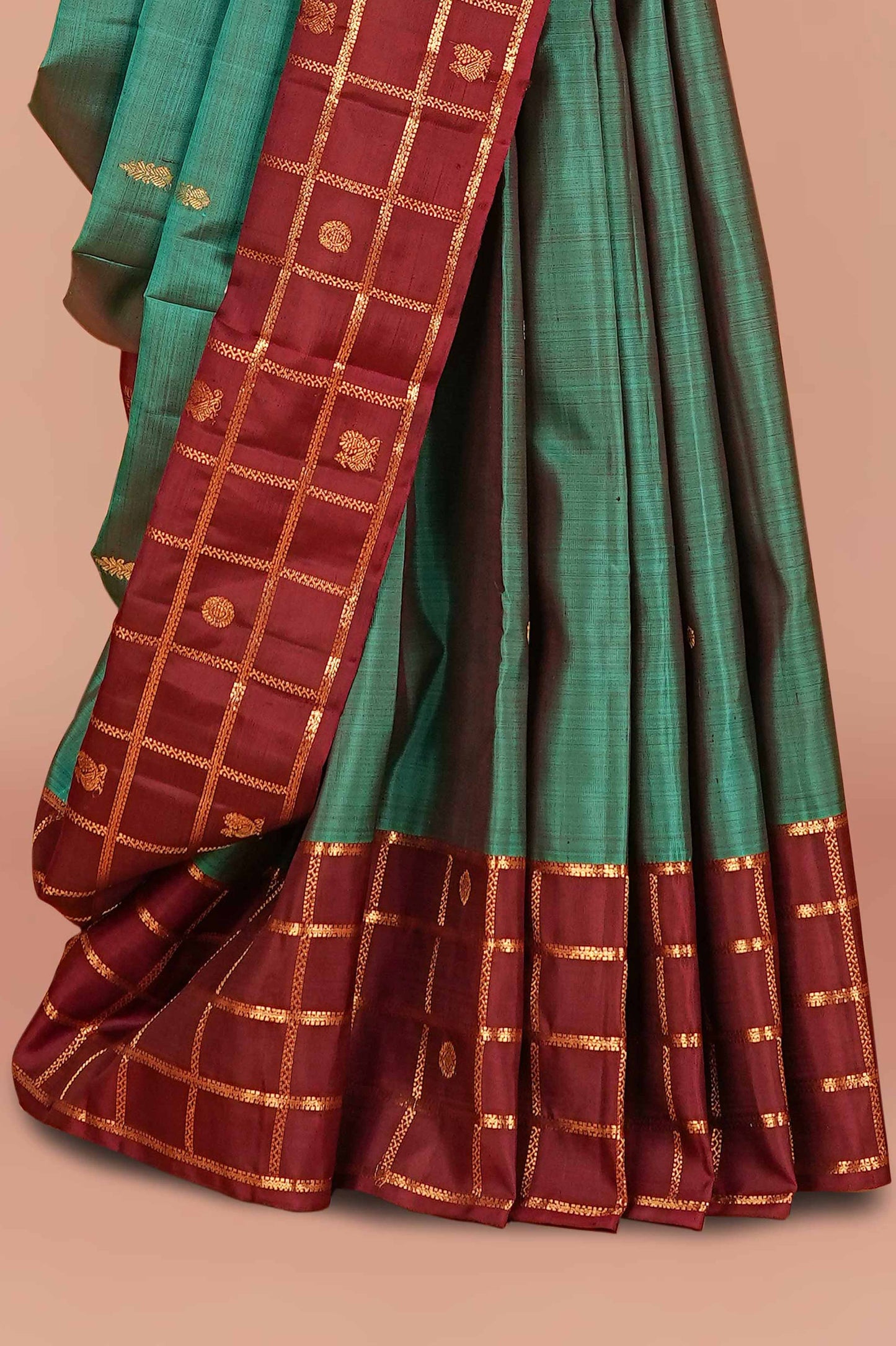 Teal checked border silk sarees

