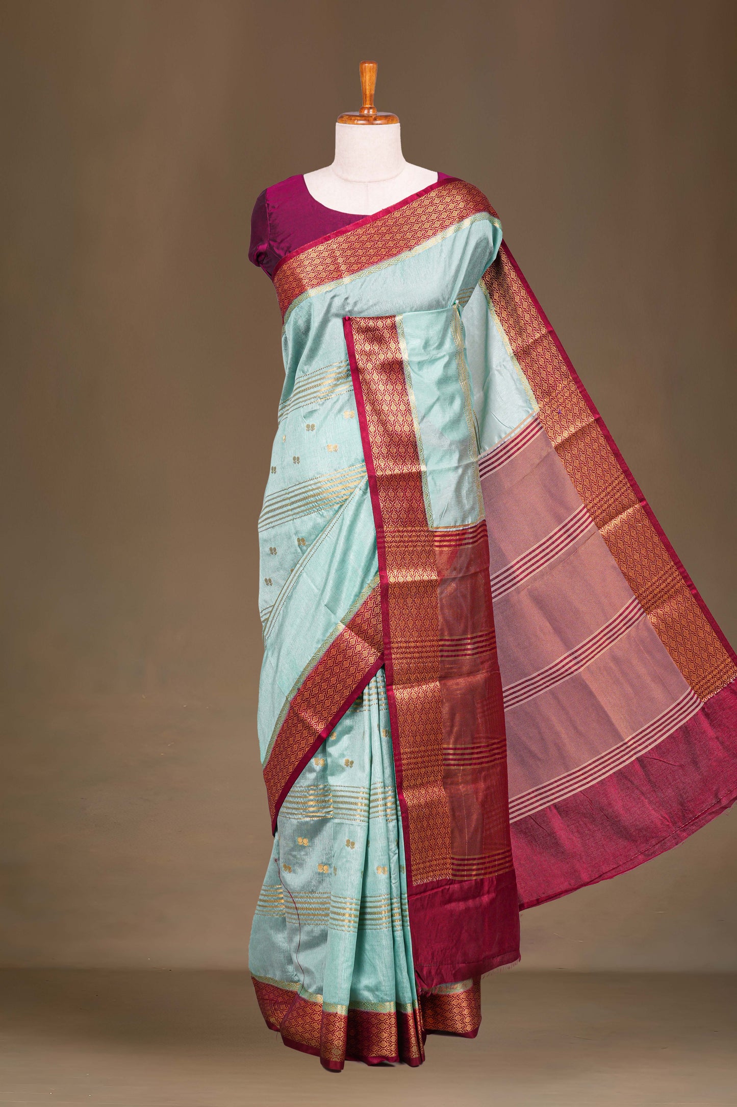 Teal raw silk zari butta saree