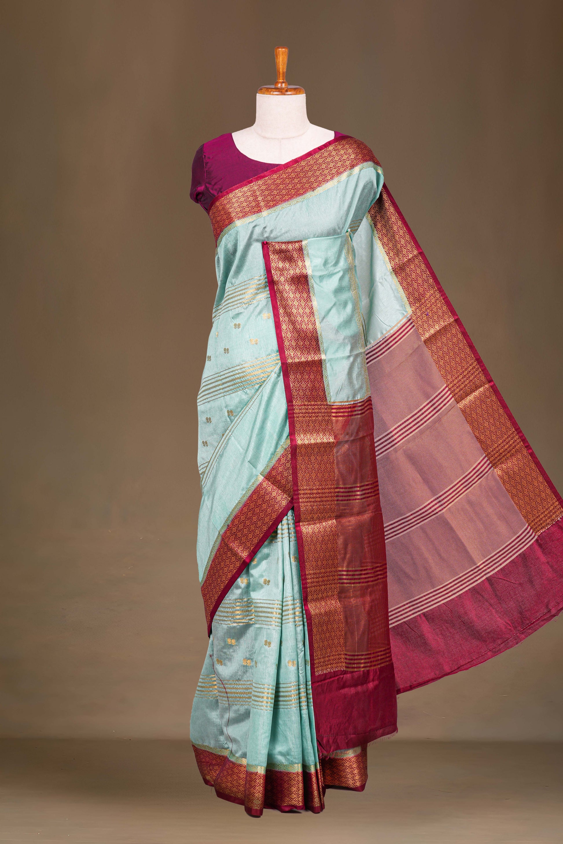 Teal raw silk zari butta saree