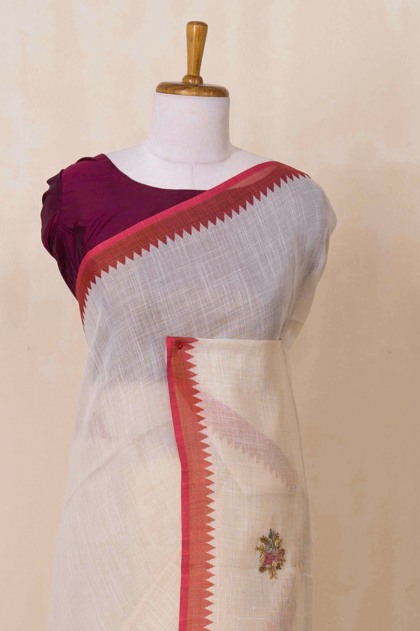 Textured handcrafted white linen saree