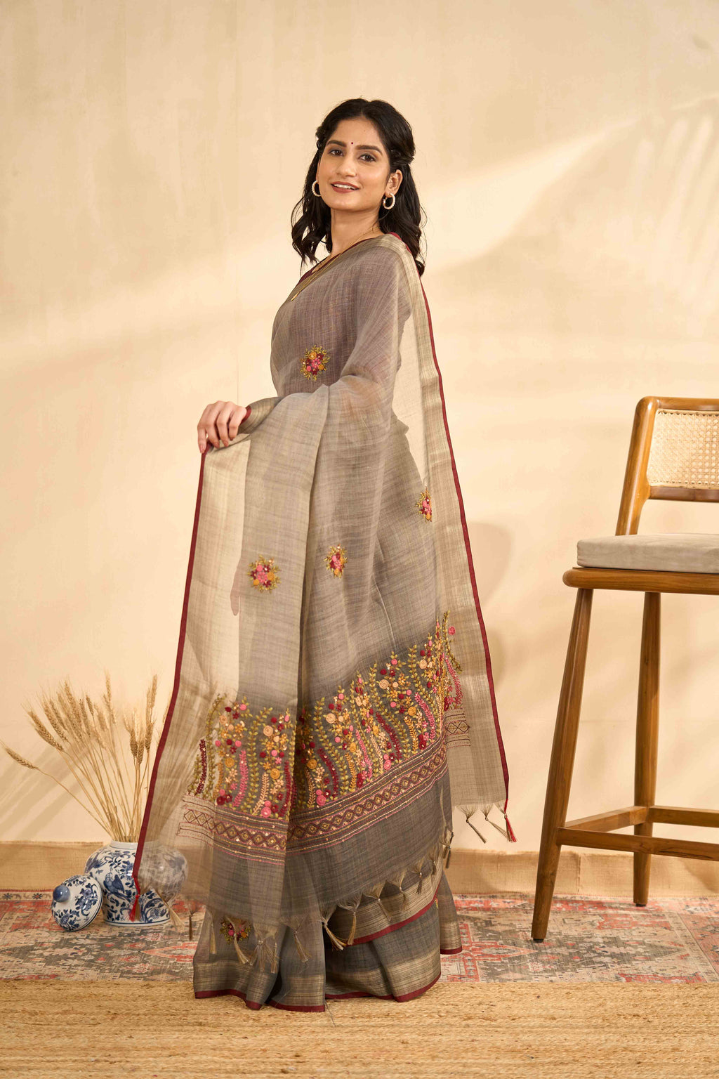 Traditional brown linen saree