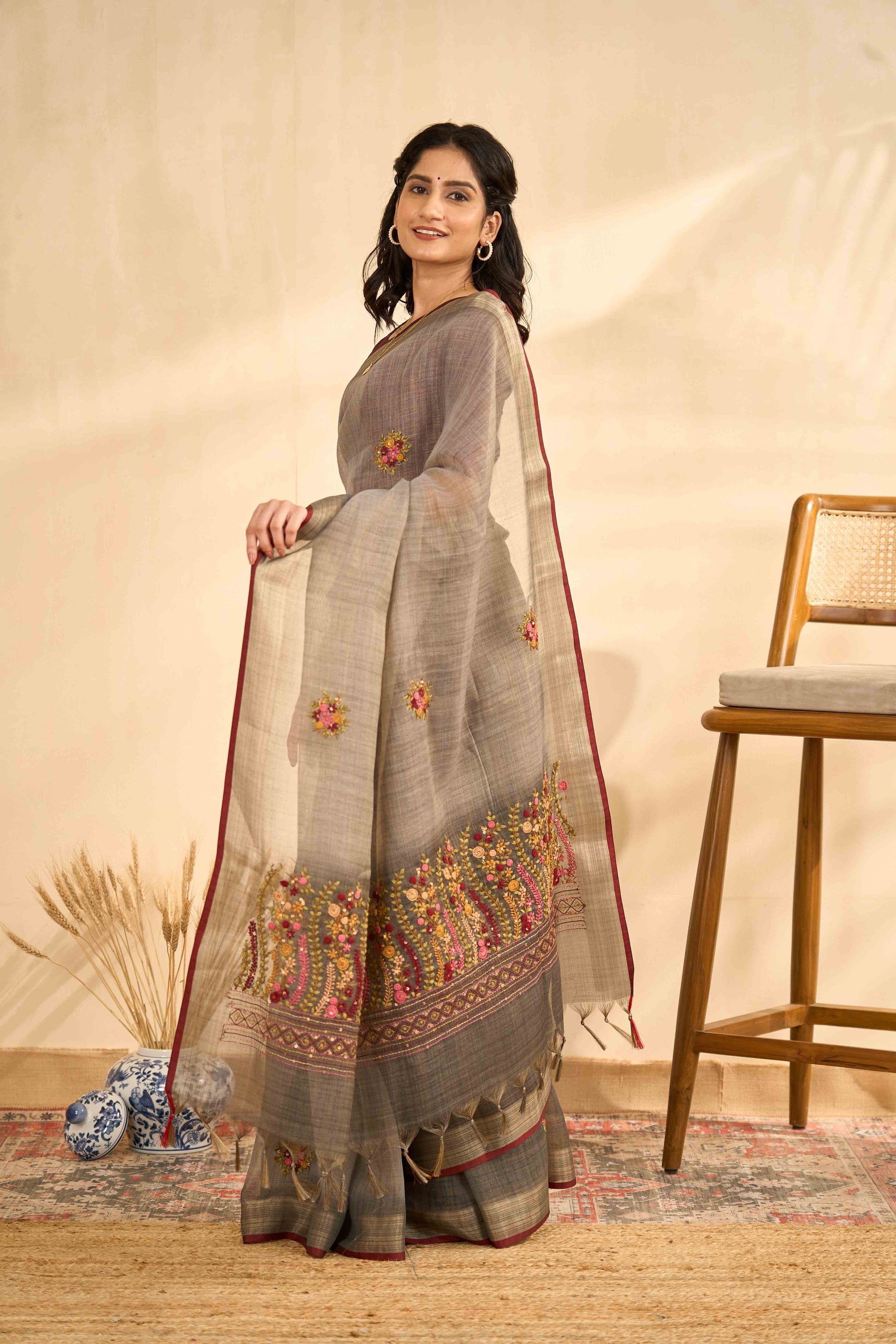 Traditional brown linen saree