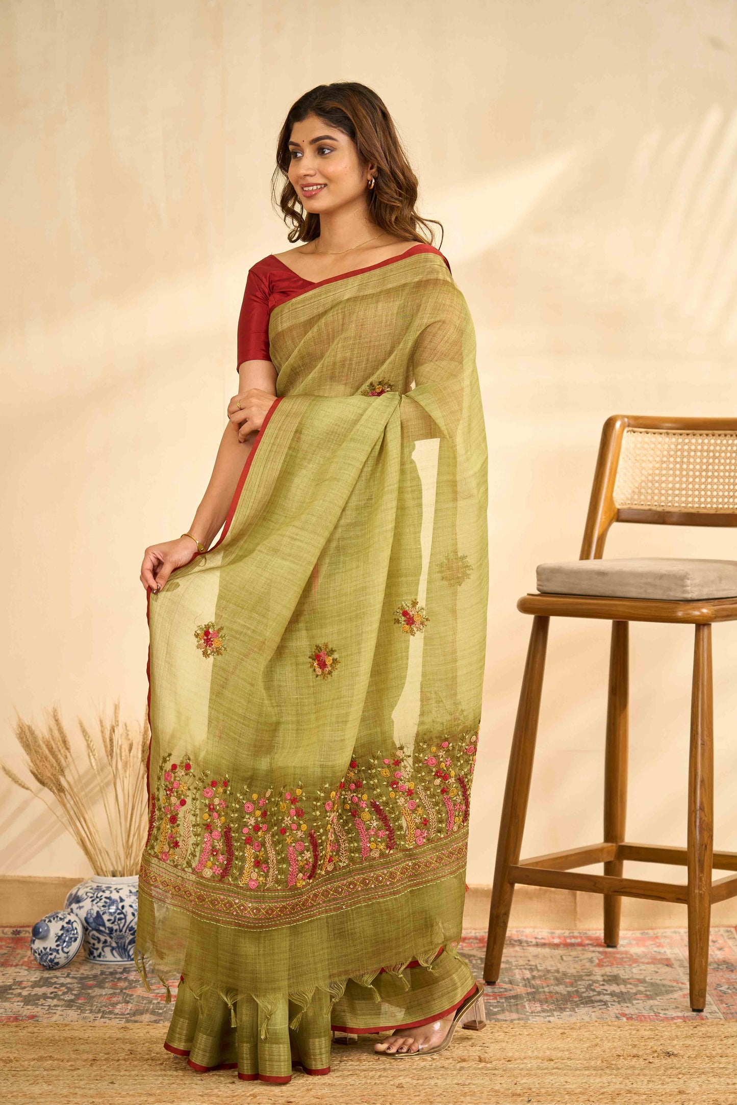 Traditional embroidered linen saree