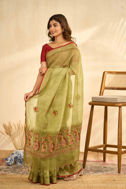 Traditional embroidered linen saree
