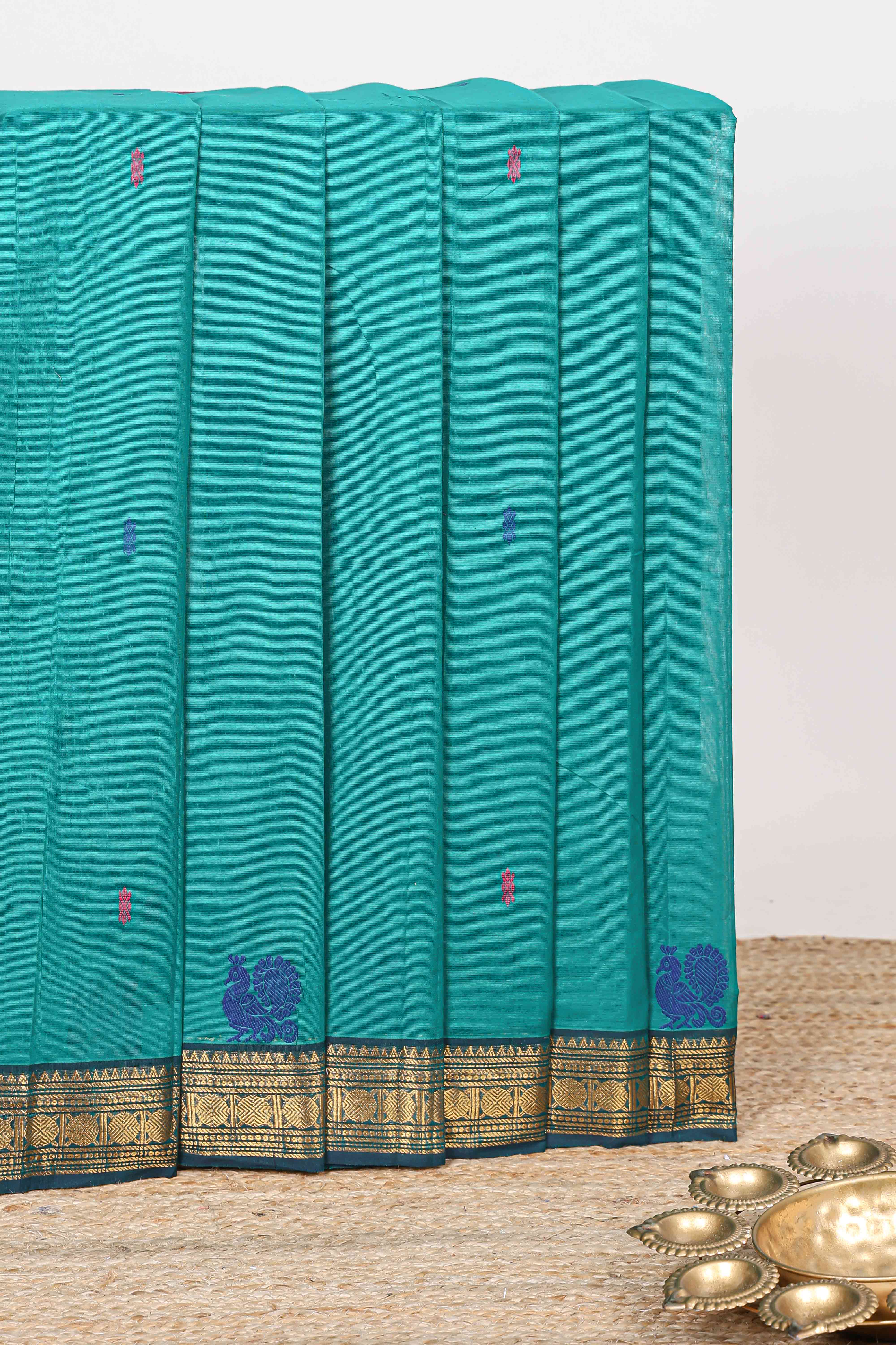 Turquoise Green floral butta kanchi cotton saree