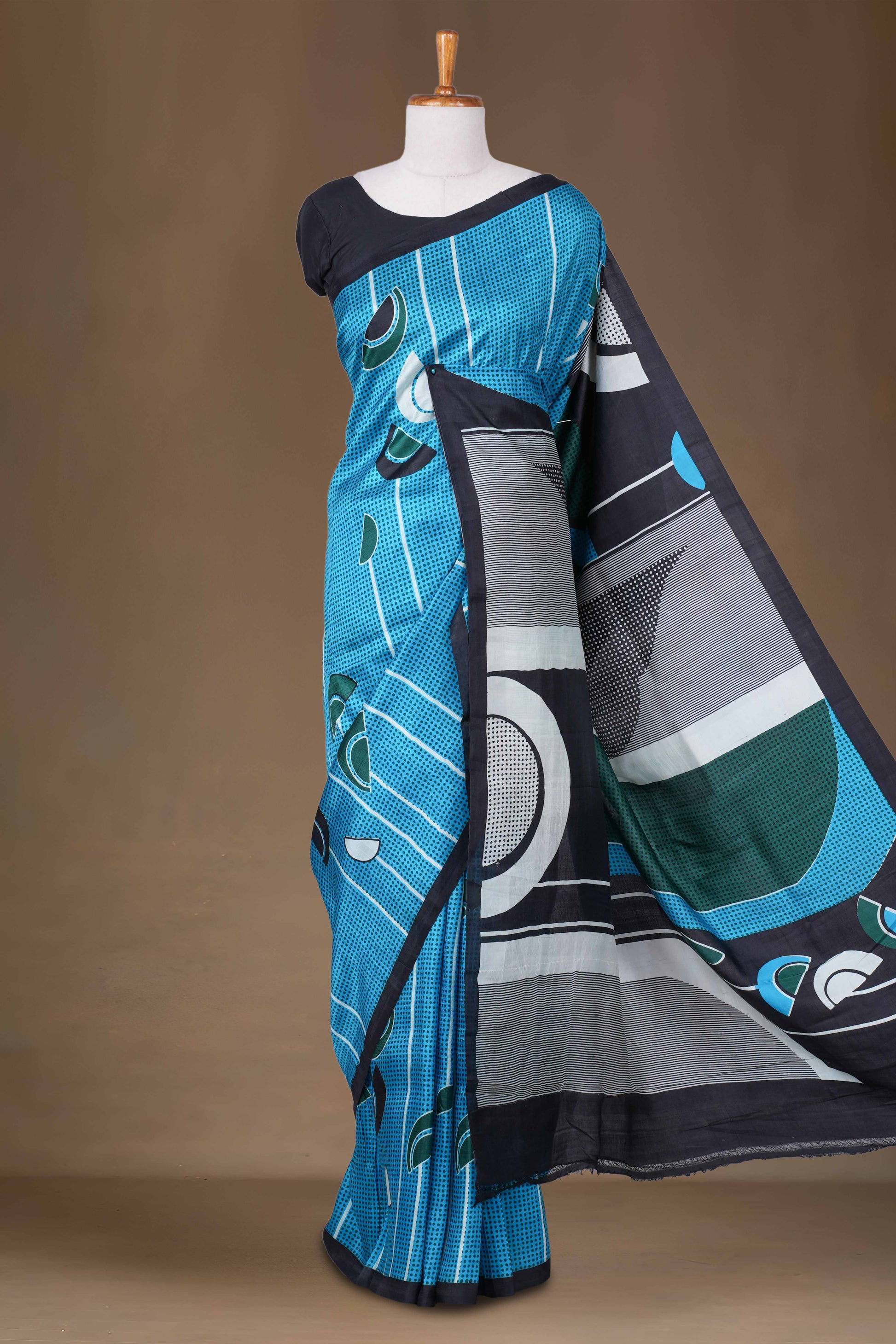 Turquoise black tussar silk saree