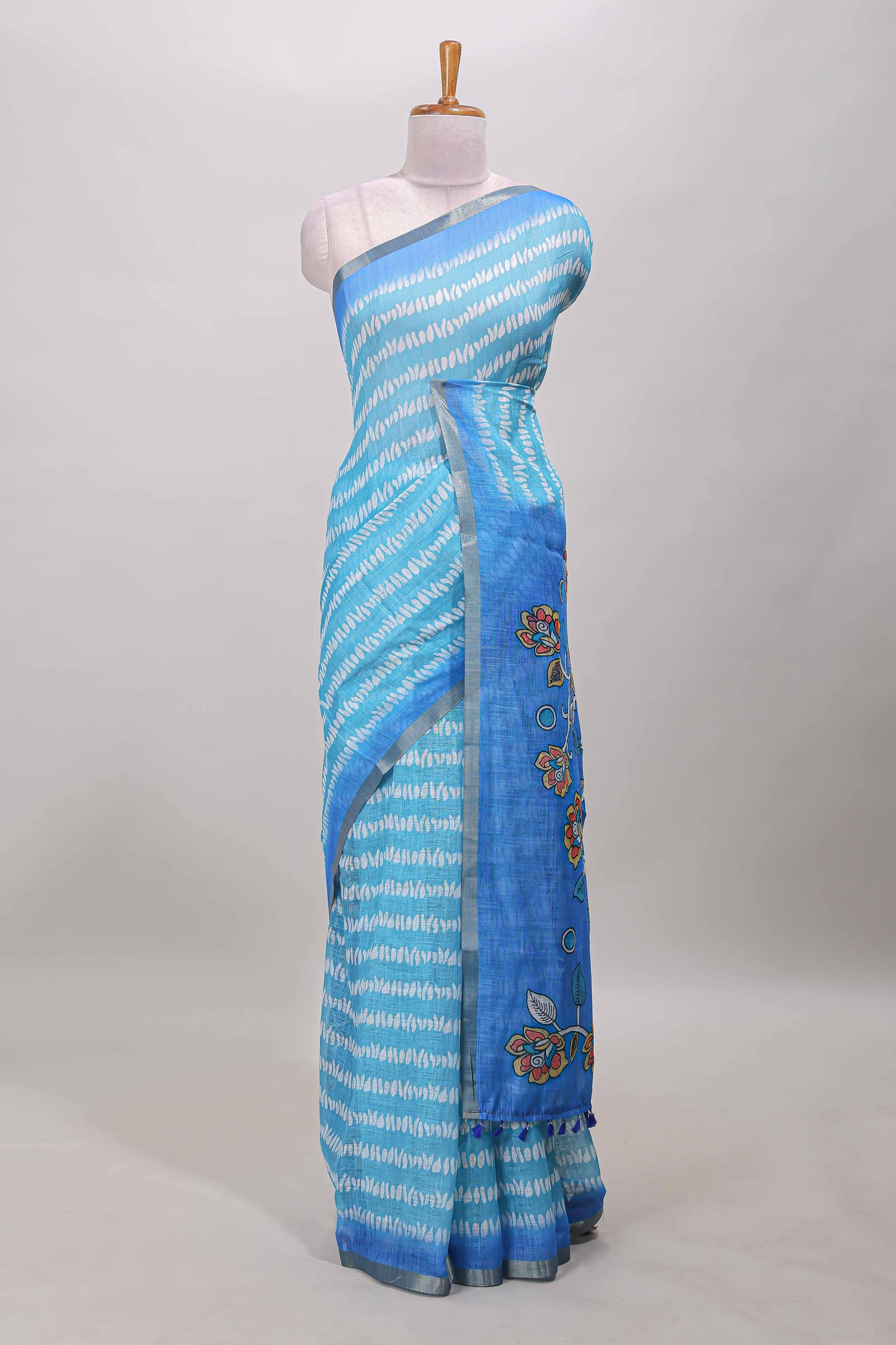  Turquoise blue floral petal linen cotton saree