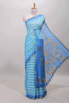 Turquoise blue floral petal striped design linen cotton saree