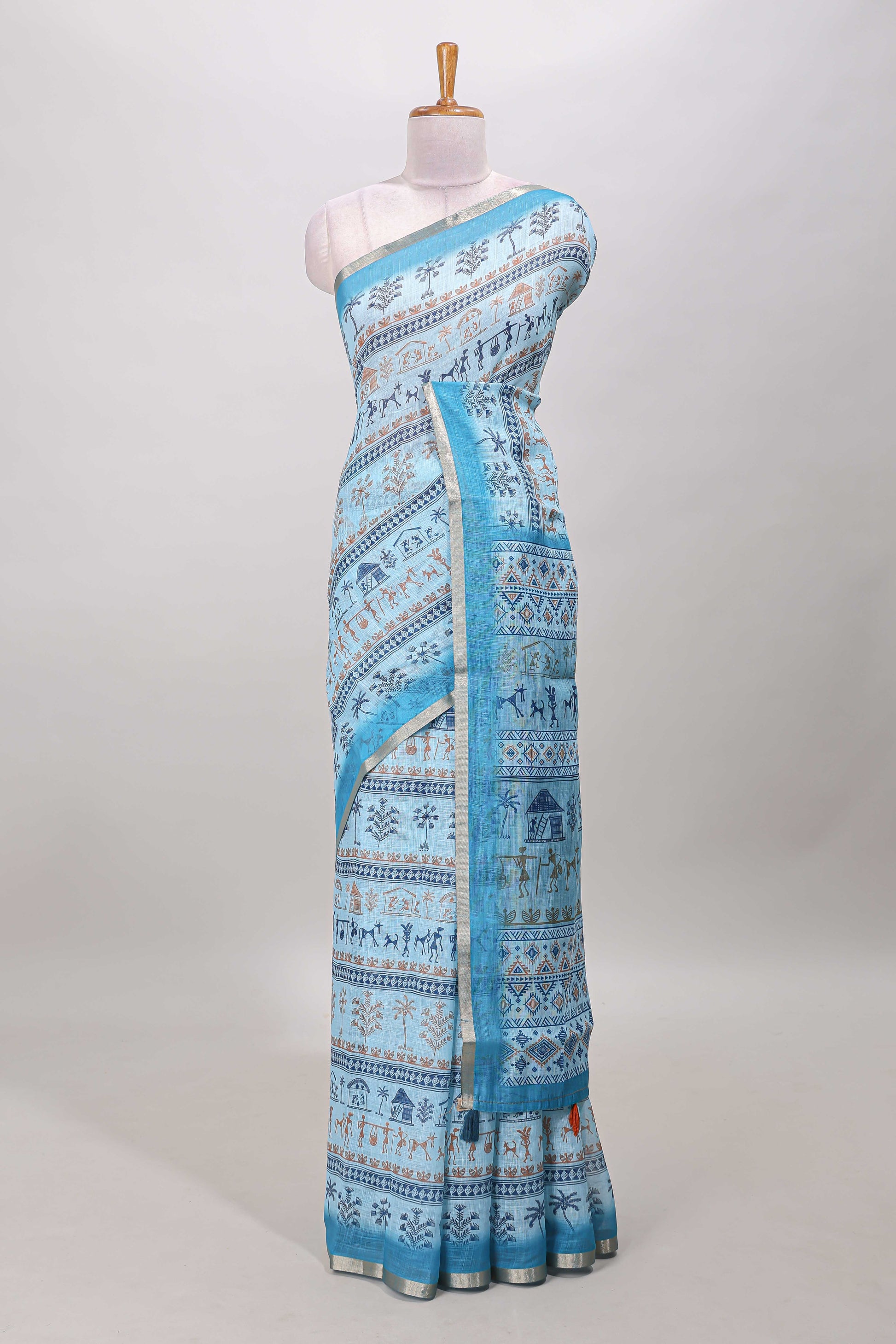 Turquoise blue linen cotton saree
