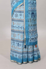 Turquoise blue printed blouse saree