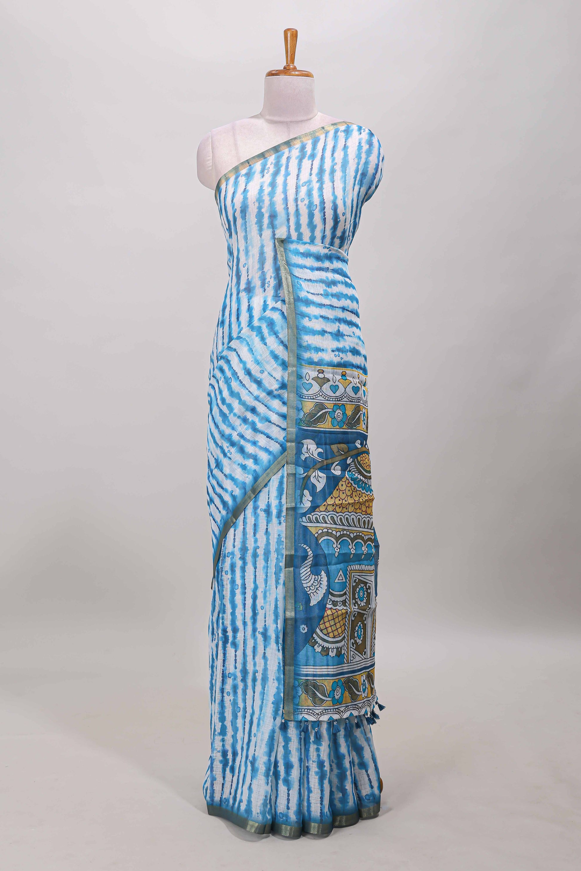  Turquoise blue shibori linen cotton saree
