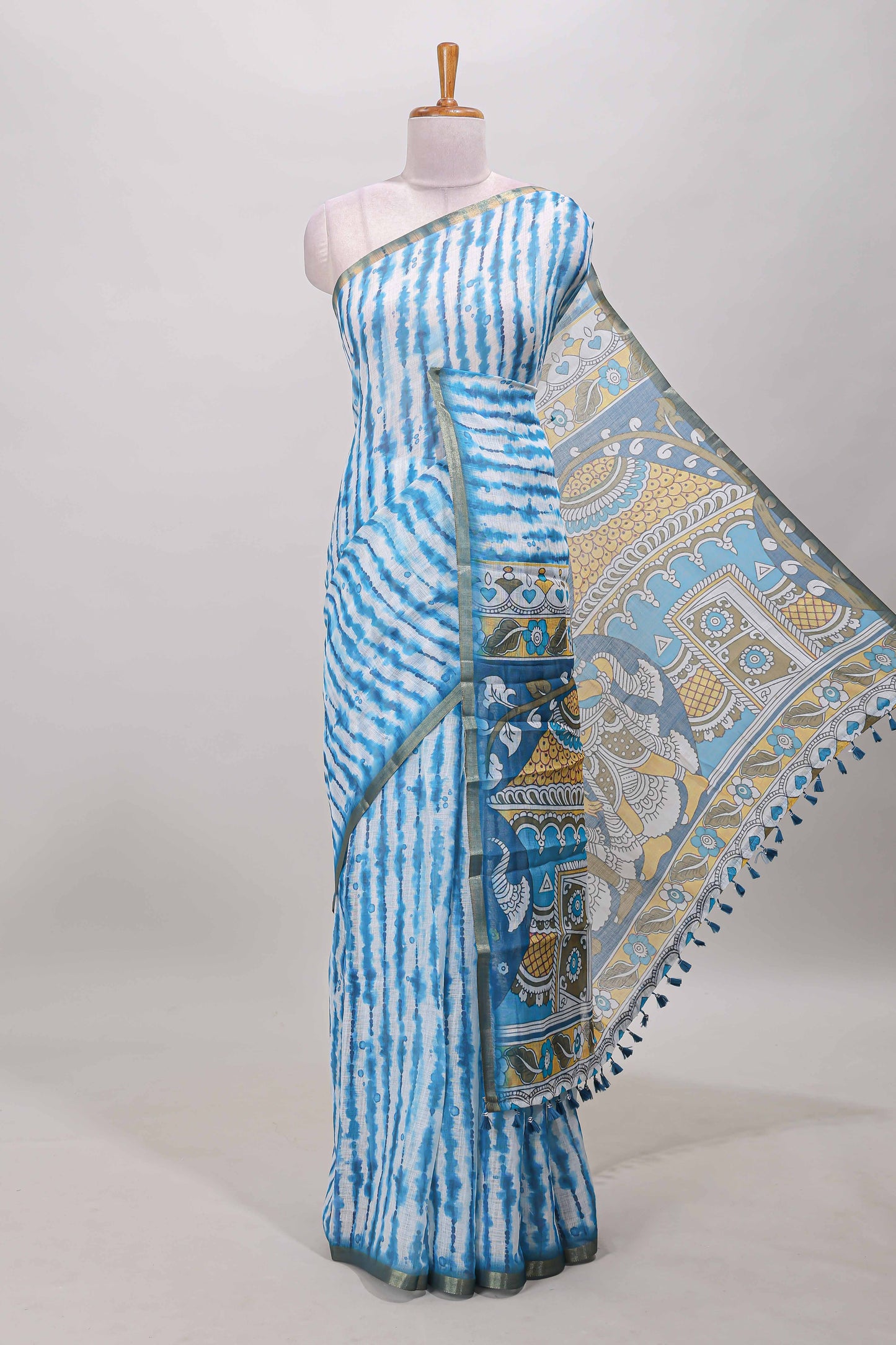 Turquoise blue striped shibori print linen cotton saree
